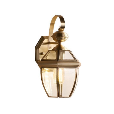 1 Head Wall Lamp Fixture Antiqued Oval/Conical Clear Glass Wall Mount Light with Scroll Arm in Brass