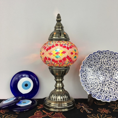 1-Light Globe Nightstand Lamp Bohemian Red/Blue/Yellow Mosaics Glass Table Light for Bedroom