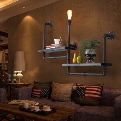 1-Light Iron Wall Lamp Factory Black Pipe Bracket Dining Room Wall Mount Light with Shelf