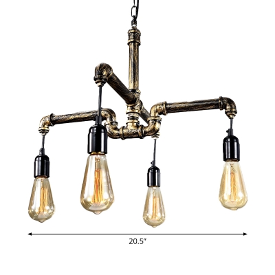 4/6-Light Piping Chandelier Lighting Industrial Antique Brass Metallic Ceiling Suspension Lamp