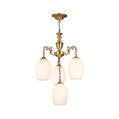 4/6 Lights Hanging Pendant Antique Living Room Chandelier with Oval White Glass Shade in Bronze