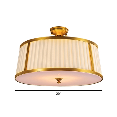 4 Bulbs Close to Ceiling Light Vintage Drum Shaped Pleated Fabric Flush Mounted Lamp in Brass
