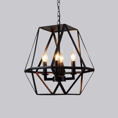 4 Lights Geometric Ceiling Hanging Lantern Farmhouse Black Iron Chandelier Lamp over Table
