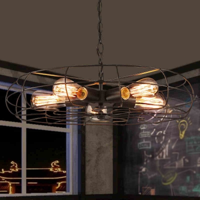 5 Lights Round Cage Chandelier Industrial Black Iron Suspension Pendant Light for Living Room, 19