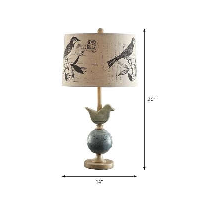 Beige Drum Night Stand Lamp Modern 1 Light Bird Print Fabric Table Light with Ball Stand