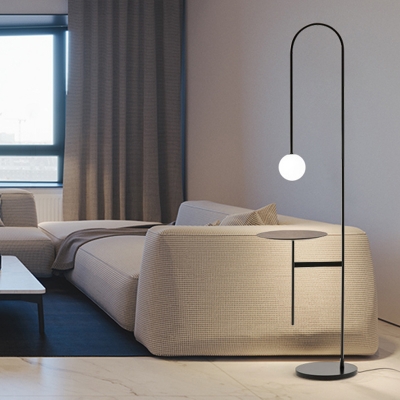Black Arched Linear Floor Lamp Simple Style Single Metal Floor Reading Light with Table and Ball Cream Glass Shade