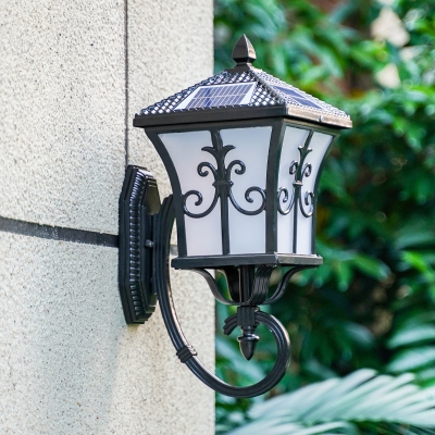 Black/Brass Solar Lantern Wall Sconce Vintage White Glass Porch Small/Large LED Wall Mount Lamp with Scroll Arm