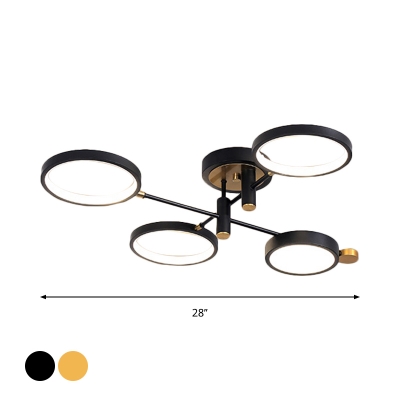Branching Semi Flush Chandelier Modern Metallic 4 Lights Black/Gold Circle Ceiling Lamp in Warm/White/3 Color Light