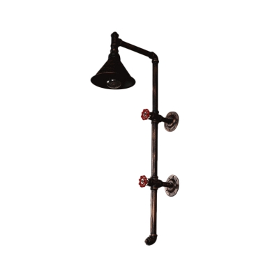 Bronze Conical Wall Lamp Rustic Wrought Iron 1-Light Bronze Wall Mount Light with Valve and Curved Pipe Arm