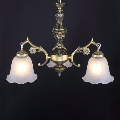 Bronze Floral Ceiling Pendant Antique Frosted Glass 3-Light Dining Room Chandelier Light Fixture