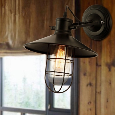 Capsule Cage Kitchen Wall Lamp Rural Iron Single Black Rotating Wall Light Kit with Saucer Shade
