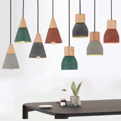 Cement Bowl Mini Hanging Lamp Nordic 1-Light Grey/Red/Green Down Lighting Pendant with Wood Top
