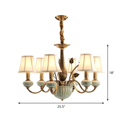 Ceramics Green-White Drop Lamp Candelabra 6 Lights Rustic Chandelier with Flared Fabric Shade