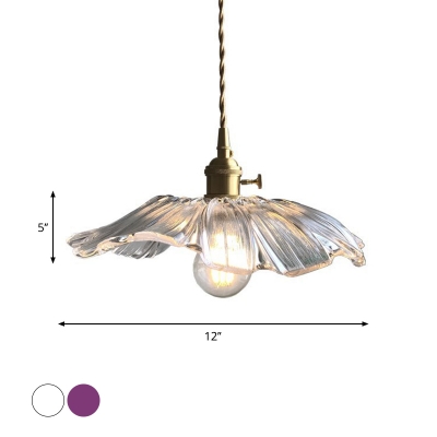 Clear/Purple Glass Flower Drop Pendant Stylish Modern 1-Bulb Brass Finish Hanging Ceiling Light with Rotary Switch