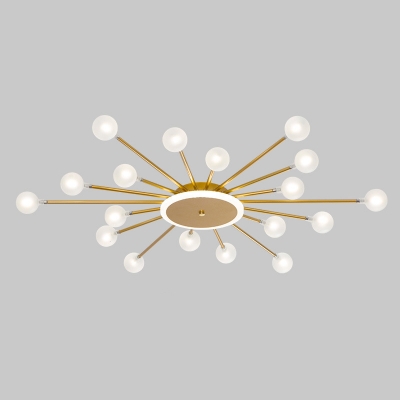 Contemporary 18-Head Flush Ceiling Light Black/Gold Sputnik Semi Mount Lighting with Ball Frosted White Glass Shade