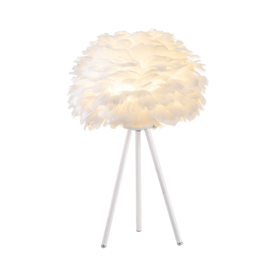Dome Nightstand Lamp Nordic Feather 1-Bulb White/Pink Table Light with White/Gold 3-Leg for Bedroom