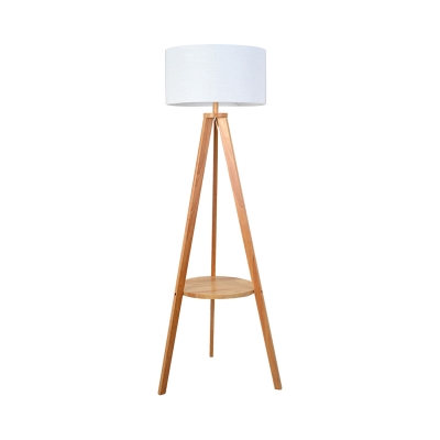 Drum Reading Floor Lamp Nordic Fabric 1 Bulb Beige/Brown Tripod Standing Light with Inserted Wood Rack