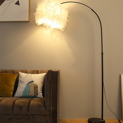 Drum Shade Floor Light Modern Feather 1 Head Black/White Gooseneck Reading Floor Lamp with/without Plate