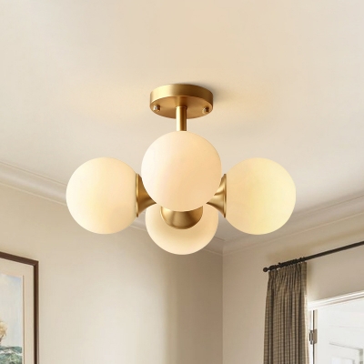Gold Branching Semi Flush Chandelier Post-Modern 4 Lights White Ball Glass Close to Ceiling Lamp