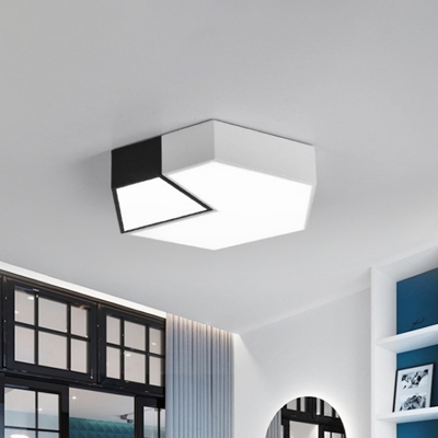 Hexagon Colorblock LED Flush Mount Lamp Minimalist Acrylic Black and White Ceiling Light in White/3 Color Light, 15