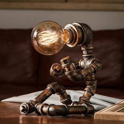 Iron Brass Night Table Lamp Piping Figurine 1 Bulb Industrial Style Nightstand Light