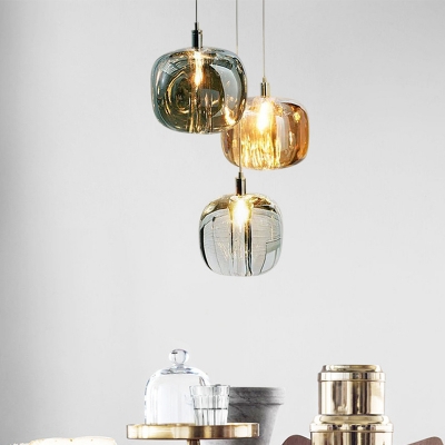 Melon Shaped Dining Room Pendulum Light Clear/Smoke Grey/Amber Glass 1-Light Postmodern Hanging Lamp Kit