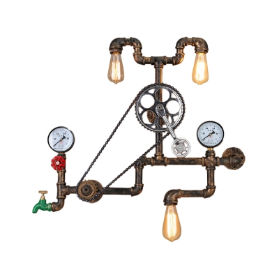 Piping System Metal Wall Lamp Industrial 3 Heads Garage Wall Mount Light Fixture with Gauge and Wheel in Bronze