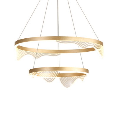 Polished Gold Circle Pendant Lamp Minimalist 2/3-Head Metal LED Chandelier Light with Wavy Trim