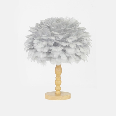 Single Bedside Nightstand Light Minimalist Grey/White Table Lamp with Sphere Feather Shade