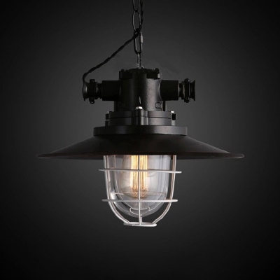 Single-Bulb Iron Pendant Lamp Farmhouse Black Saucer Bistro Pendulum Light with Cage and Clear Glass Shade