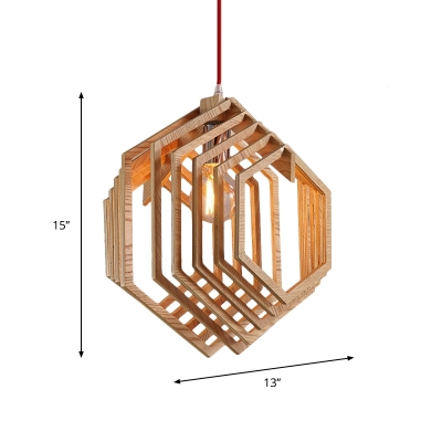 Single-Bulb Living Room Pendant Lighting Modern Beige Ceiling Hang Lamp with Hexagon Wood Cage