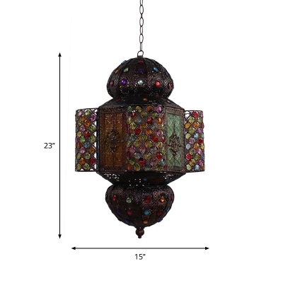 Stained Glass Palace Lantern Pendant Turkish Style 1 Head Bedside Pendulum Light in Copper