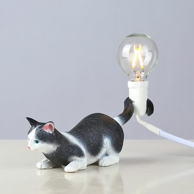 Tabby Cat Kids Bedroom Night Lamp Resin Single Bulb Nordic Style Table Light in Black and White