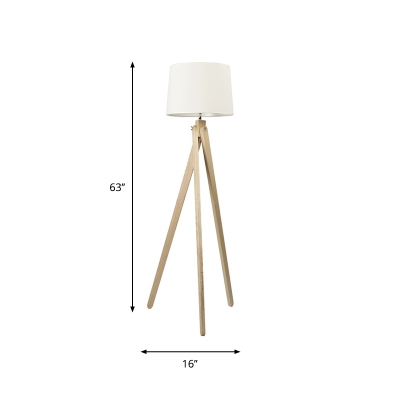 Three-Leg Bedside Floor Reading Lamp Wooden 1 Head Minimalist Floor Light with Drum Fabric Shade