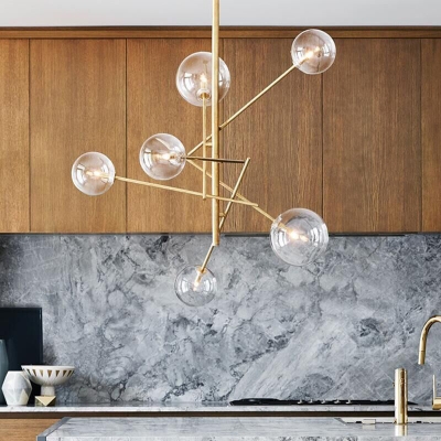 Tree Branch Kitchen Bar Drop Lamp Transparent Glass 6 Lights Minimalist Chandelier in Gold