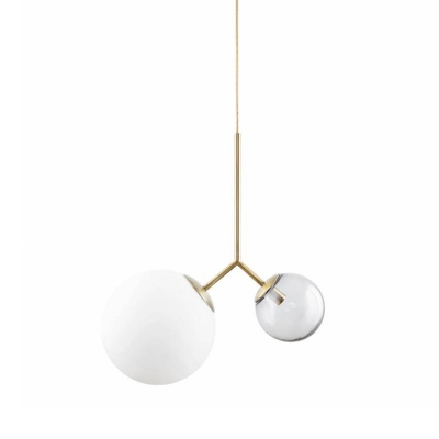 Twig Drop Lamp Postmodern White and Blue Ball Glass 2-Light Bedside Chandelier Light in Gold