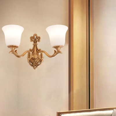 1/2-Head Flared Shade Wall Lighting Traditional Brass Opaline Glass Wall Sconce for Tearoom