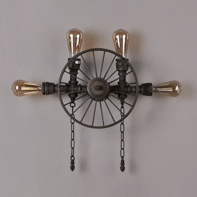 1/4/5-Light Wheel Wall Lighting Industrial Black Iron Wall Lamp Fixture with Chain Drop