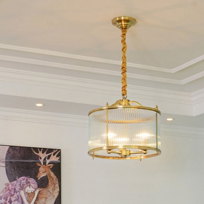 3/5/6-Light Clear Ribbed Glass Chandelier Vintage Brass Drum Dining Room Small/Medium/Large Hanging Ceiling Light