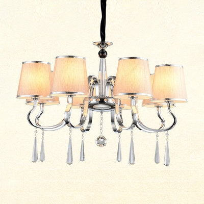 4/6/8 Heads Chandelier Lamp Traditional Tapered Fabric Suspension Light in Chrome and White and Crystal Droplet