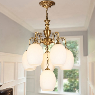 4/6 Lights Hanging Pendant Antique Living Room Chandelier with Oval White Glass Shade in Bronze