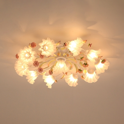 4/7/11 Heads Semi Flush Ceiling Light Korean Garden Bedroom Flushmount with Flower Frosted Glass Shade in White