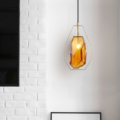 Amber/Smoky Glass Gem Shaped Pendant Mid-Century 1 Head Brass Finish Hanging Ceiling Light with Frame