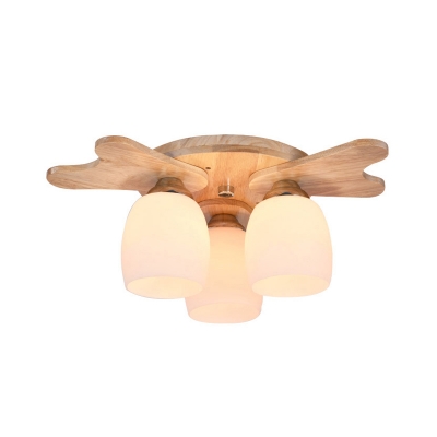 Antler Wooden Semi Mount Lighting Nordic 1/4/7-Bulb Beige Ceiling Flush Light with Bell Opal Glass Shade