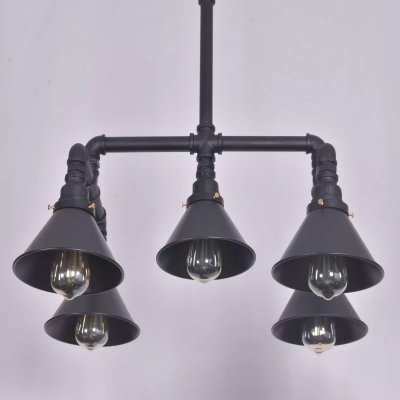 Black/Copper Conical Shade Ceiling Light Industrial Metal 5 Bulbs Living Room Chandelier with Pipe Design