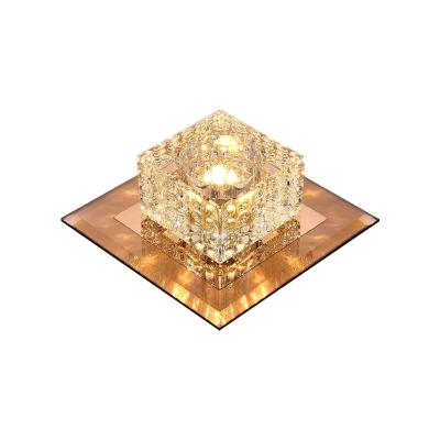 Black/Tan Square LED Flush Mount Lamp Simplicity Clear Crystal Close to Ceiling Light in Warm/White Light