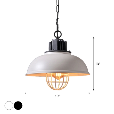 Black/White Bowl Ceiling Pendant Industrial Metal 1-Light Dining Room Suspension Lamp with Cage Inside