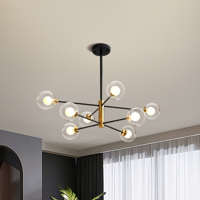 Burst Arm Ceiling Chandelier Modernist Clear Glass 6/8-Head Black and Gold Hanging Pendant Light with Dual Ball Shade