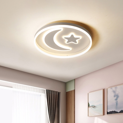 Cartoon Moon and Star Ceiling Flush Acrylic Kids Room LED Round Flush Mount Light Fixture in Pink/Blue/Black