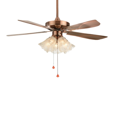 Copper/Bronze 3 Lights Semi-Flush Mount Rustic Clear Glass Scalloped 5-Blade Ceiling Fan Light with Pull Chain, 42